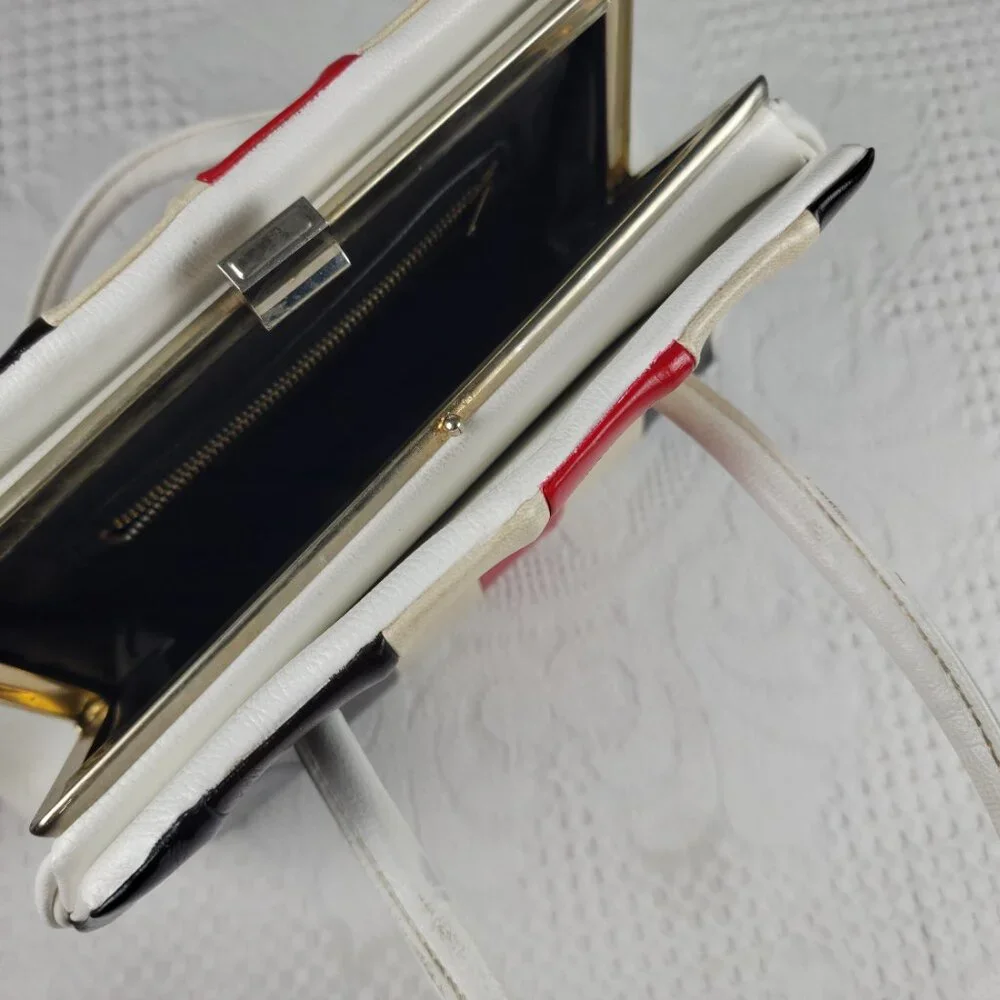 Vintage purse frame bag MCM classic white blue black cream red wide retro stripe - Picture 11 of 12